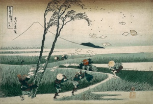  “Travelers Caught in a Sudden breeze at Ejiri” by Hokusai